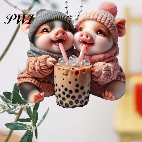 Pig Hanging Ornaments Acrylic Cartoon Decoration with Bead Chain Car Rearview Lifelike Mirror Ornament Keychain Backpack Animal Pendant Birthday Gift