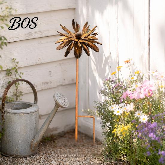 Pulverbeschichteter Gartenstab Vintage Rostiger Kornblumen-Erdspieß, 24 Zoll Metall Kunstvoller Drahtkunst Außendekoration, Rustikale Skulpturen für Rasenflächen