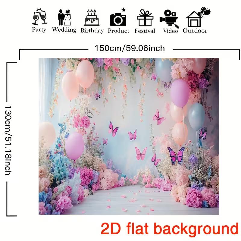 2D Dreamy Pastel Flower & Balloon Backdrop Cloth for Birthday Party Photo Booth Background