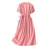 Women Casual Linen Cotton Dress Short Sleeve Shirt Dress with Button Front Waist Drawstring Midi Length Summer Dress