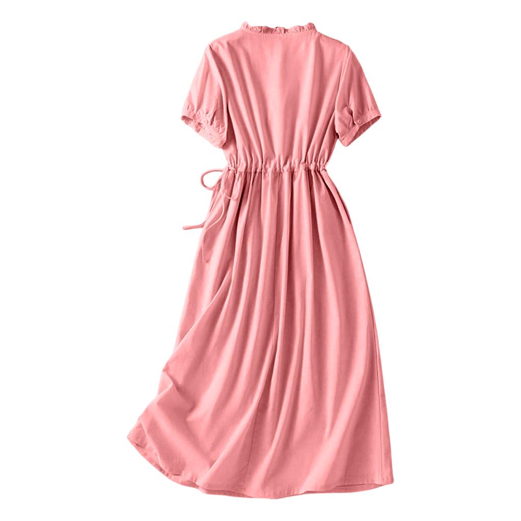 Women Casual Linen Cotton Dress Short Sleeve Shirt Dress with Button Front Waist Drawstring Midi Length Summer Dress