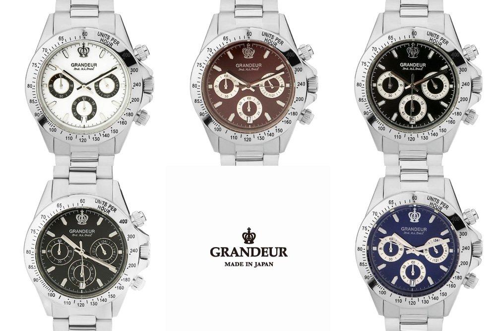 GRANDEUR Ceas Cronograf Japonez Fabricat Rezistent la Apă 10 ATM Brățară Solidă din Oțel Inoxidabil JGR004W5 Albastru Marin [GRANDEUR] Bărbați