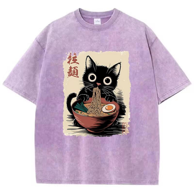 Oversize Japanese Style Ramen Cat T Shirt Vintage Washed Cotton T-Shirt Graphic Tee Casual Streetwear Spring Summer