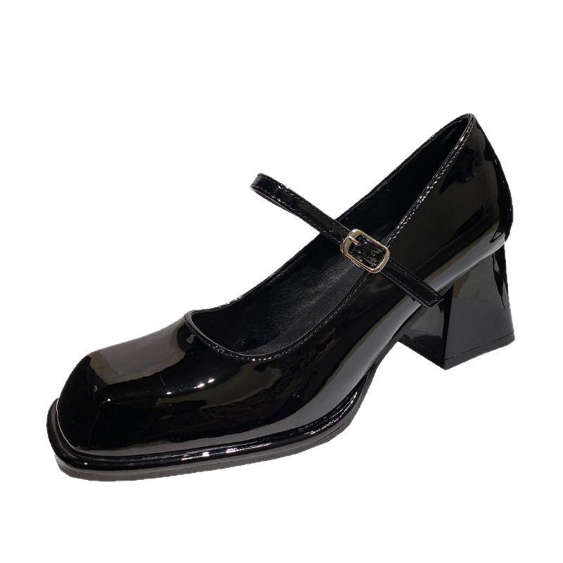 Mary Jane Schuhe Damen neu Frühling eckige Spitze Absatz Retro kleine Lederschuhe Lackleder dicker Absatz einzelne Schuhe