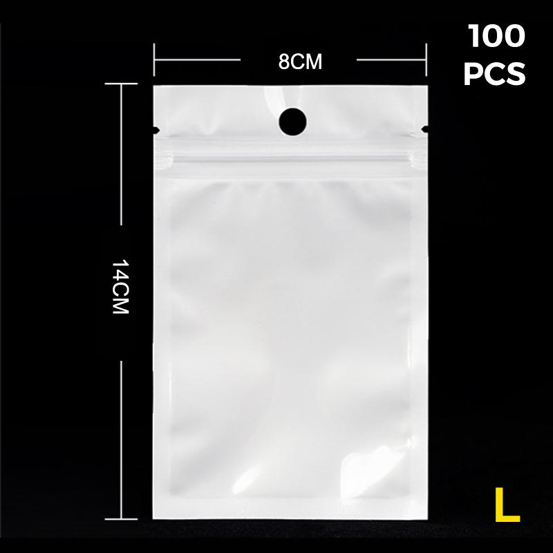100Pcs White Clear Flat Pouch Cosmetic Packaging Jewelry Resealable Plastic Pearlescent Self-Sealing Data Cables Bag
