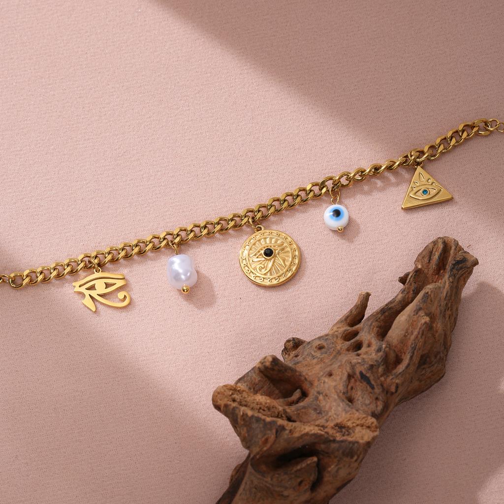 Golden Tone Stainless Steel Evil Eye Charm Bracelet with Freshwater Pearl for Women