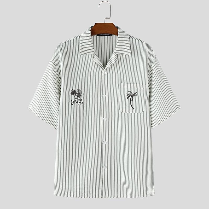 

INCERUN Men Lapel Neck Short Sleeve Striped Print Casual Oversized Shirts L серый