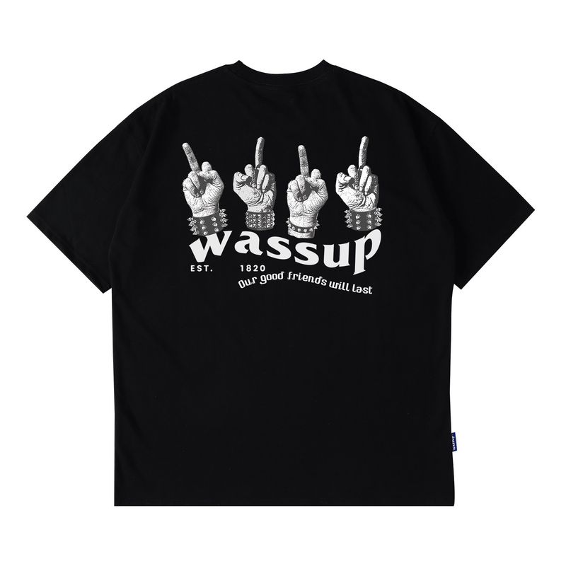 Wassup Heods Retro Trendy Brand Couple T-Shirt Summer New Product American Casual Heavyweight Round Neck Short Sleeve for Men and Women