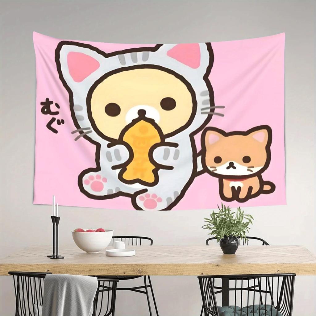 Korilakkus Cat Costume Tapestry Kawaii SanX Character Print Pink Cute Wall Hanging for Bedroom Dorm Room