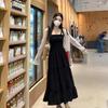 Plus Size French Hepburn-Style Black Camisole Dress & Cardigan Set - Retro, Slimming, Sun-Protective Summer Two-Piece.