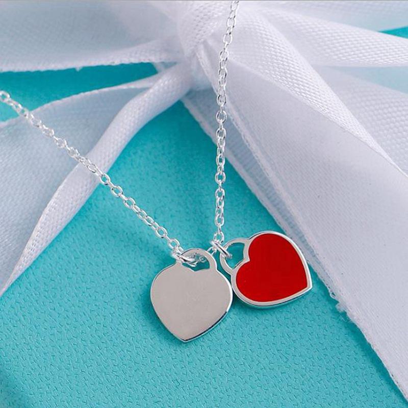 Korean Version Of Fashion Temperament Necklace Female Red Heart Dripping Oil Enamel Blue Clavicle Chain Double Heart Hanging Quality