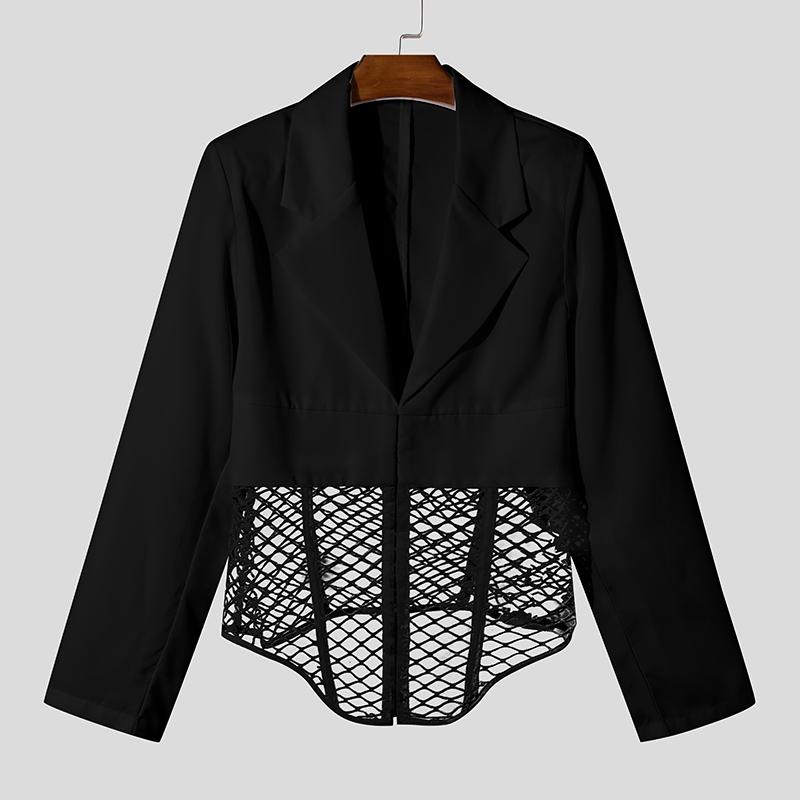 

INCERUN Мужской лацкан воротник длинный рукав сетка ажурный пэчворк нерегулярный тонкий пиджак короткое пальто XL чёрный