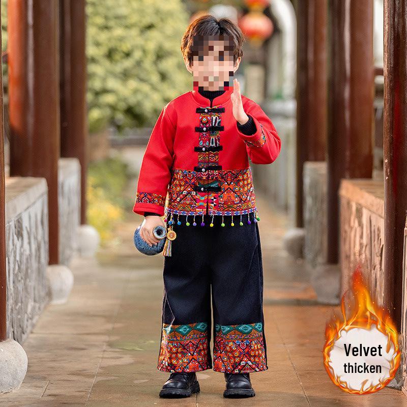 Children's Ethnic Velvet Hanfu Costume for Boys and Girls - Zhuang Miao Dance New Year Outfit