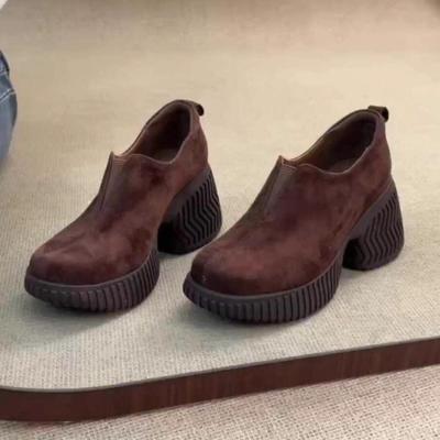 Retro Round-toe High-heeled Thick-soled Leather Shoes, Single Shoes