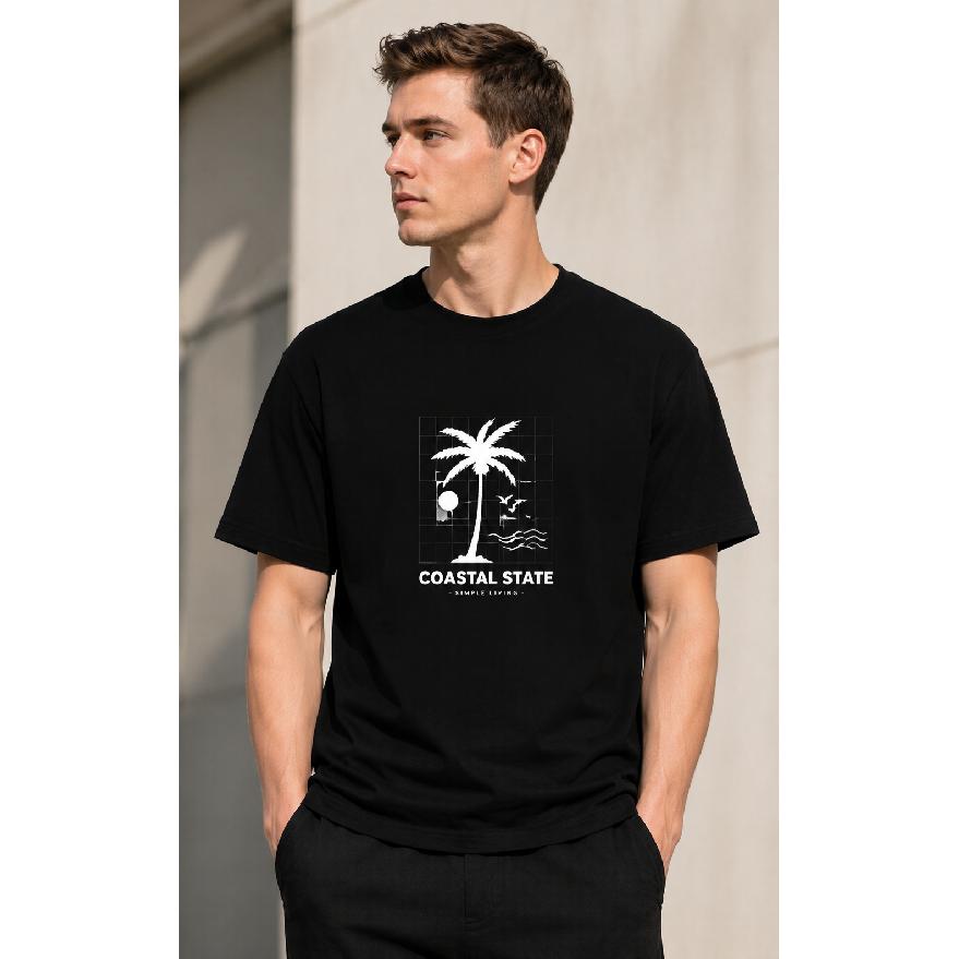 men's black cotton t-shirt with palm tree graphic, crew neck short sleeve relaxed fit for casual beach or daily wear