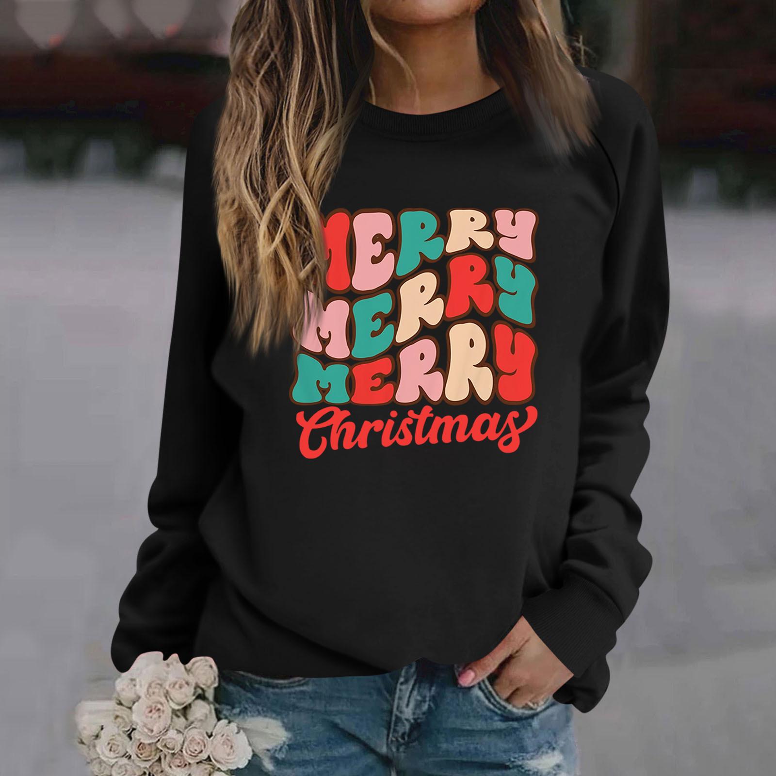 

Женские футболки, свободные, модные и повседневные толстовки с круглым вырезом и длинными рукавами с рождественским принтом L чёрный