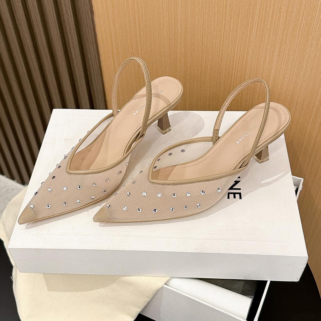 699-309 Versatile rhinestone mesh yarn temperament pointed single shoes new shallow mouth fashion breathable thin heel empty shoes