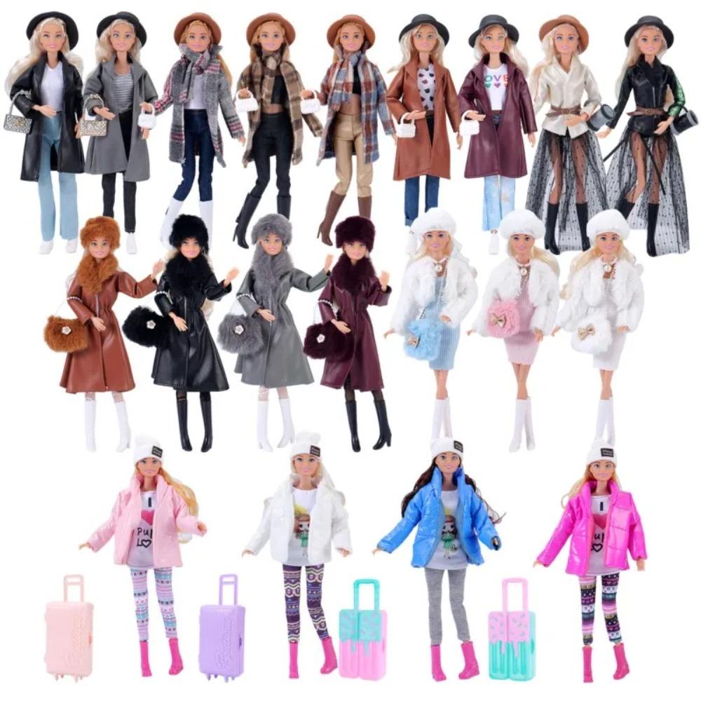 30cm Doll Clothes Fashion Luxury Fur Collar Waist Leather Trench Coat Jacket Pants Skirt Set For 1/6 Supermodel Doll Accessories
