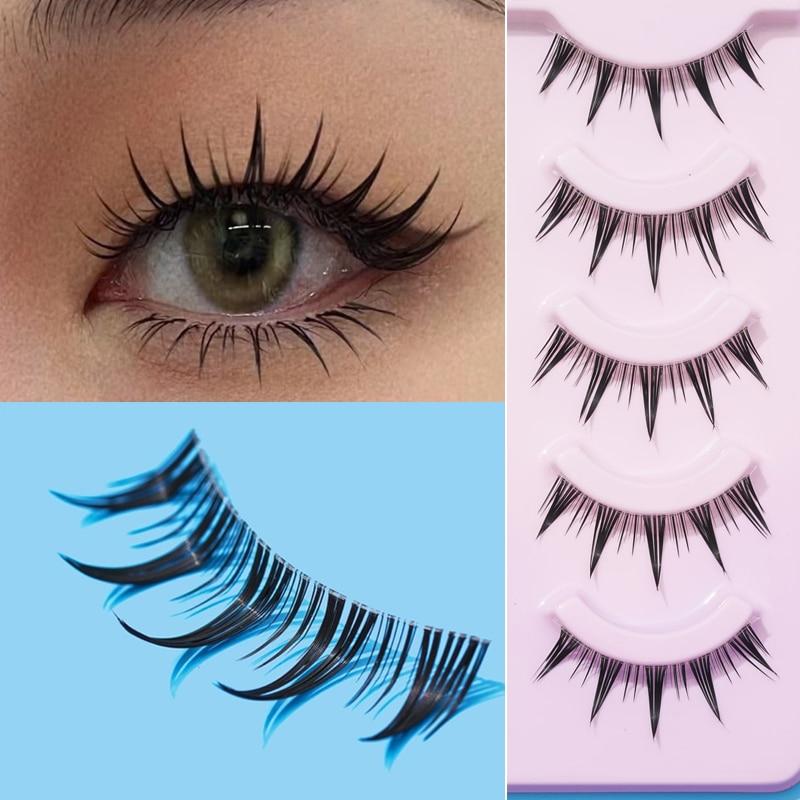 

5 пар манга-глаз с прозрачным стержнем А-образной формы, заостренные натуральные тонкие накладные ресницы C&0.07mm&12mm