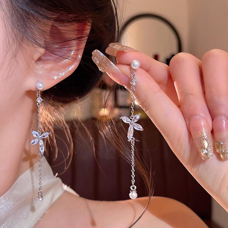 

S925 Silver Earrings Shiny Zircon Dangle Earrings Tassel Drop Earrings Delicate For Wearing For Long Time Friend Gatherings серебряный