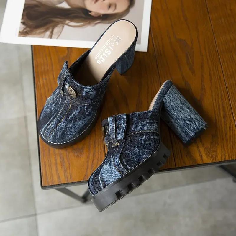 Fashion 2024Women Sexy High Heel Slippers Thick-heeled Denim Ripped Toe Head Slippers Height Increasing Toe Shoes
