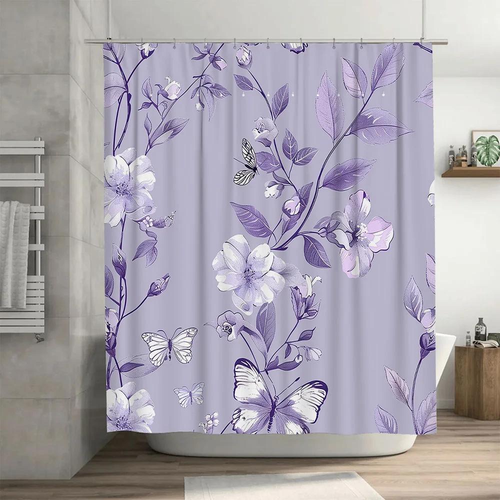 Vintage Purple Floral Shower Curtain Waterproof Durable Home Decor For Bathroom Beautiful Butterfly Print Perfect Gift Idea