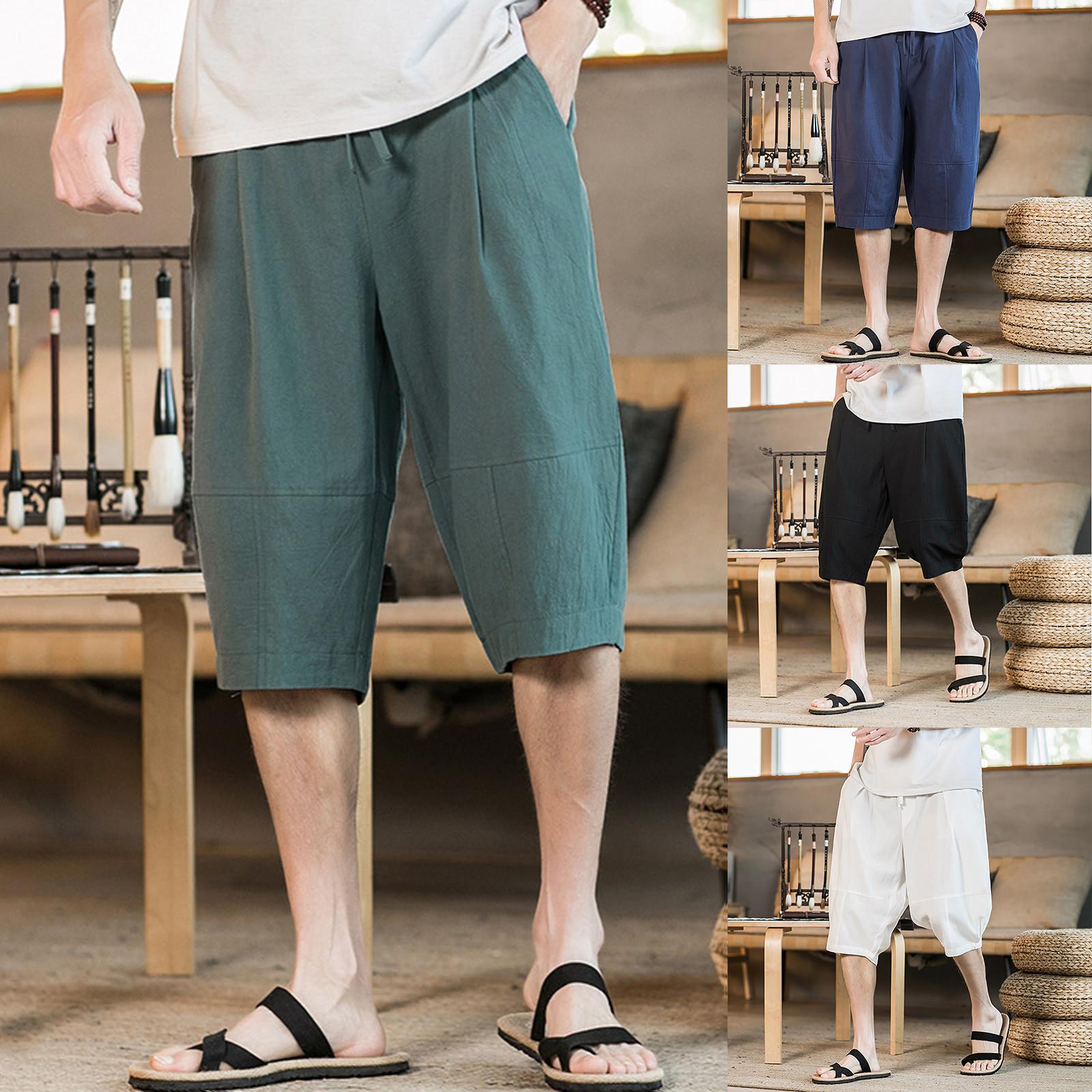 

Men s Loose Fashion Cotton Linen Comfortable Breathable Casual Shorts Solid Color Cotton Linen Pants XXXXL зелёный