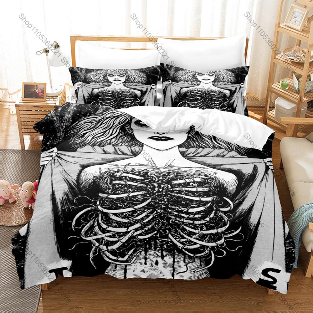 Man Manga Junji Ito Duvet Cover + 2 Pillowcases Japanese Horror Manga Dark Creepy Character Print Soft Bedding Decor For Horror