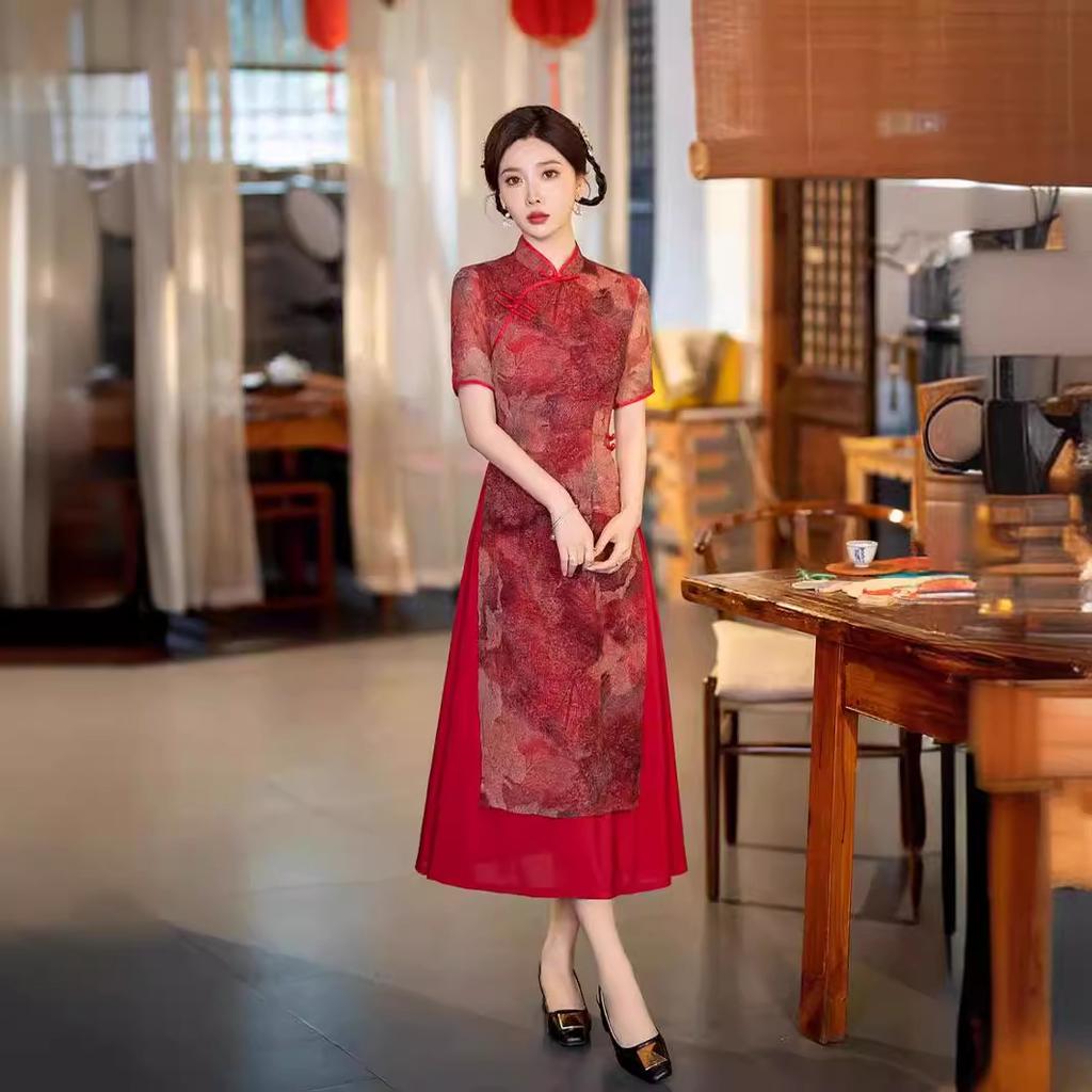 Chinese style improved Odai cheongsam 1011 spring daily plain and elegant Republic of China style improved dress tea clothes long