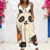 Women Spaghetti Strap Jumpsuit Camping Car Campfire Pumpkin Bat Halloween Print Wide Leg Pants With Pockets