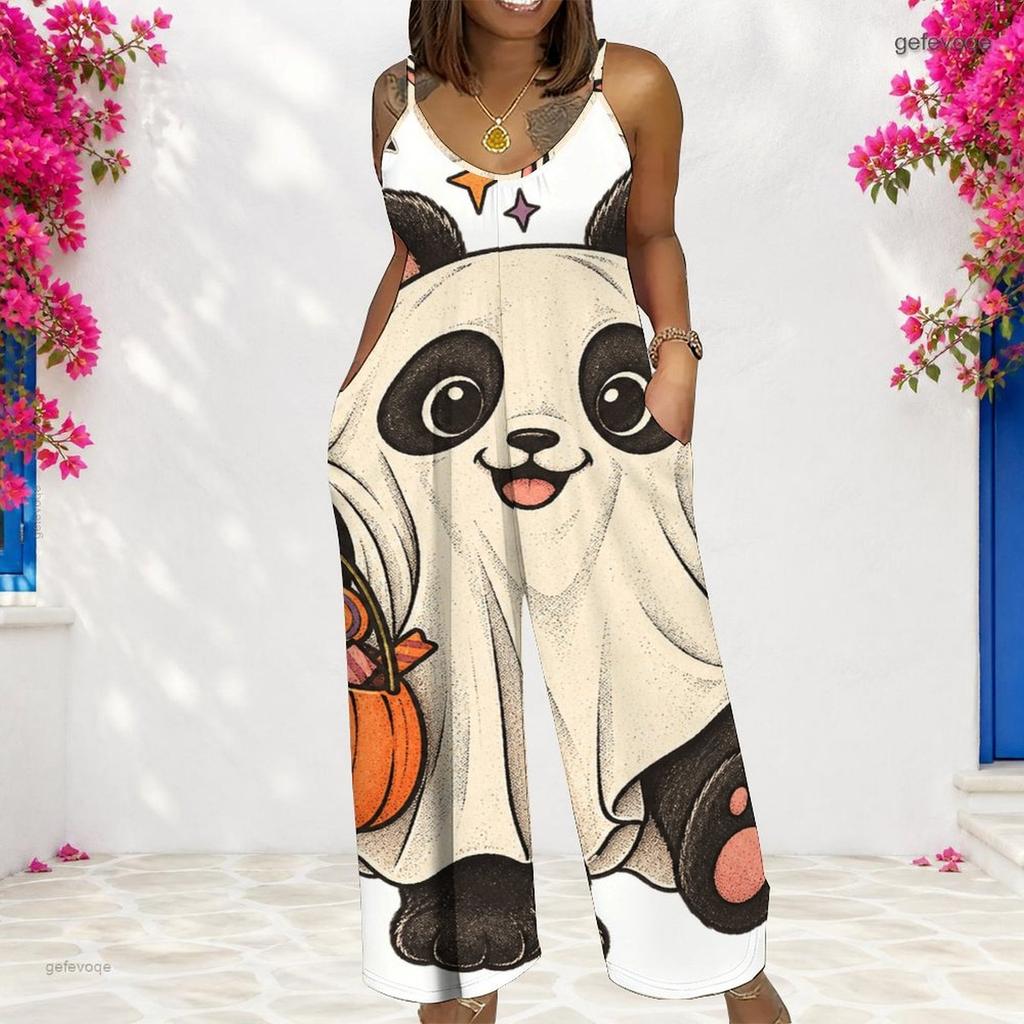 Women Spaghetti Strap Jumpsuit Camping Car Campfire Pumpkin Bat Halloween Print Wide Leg Pants With Pockets