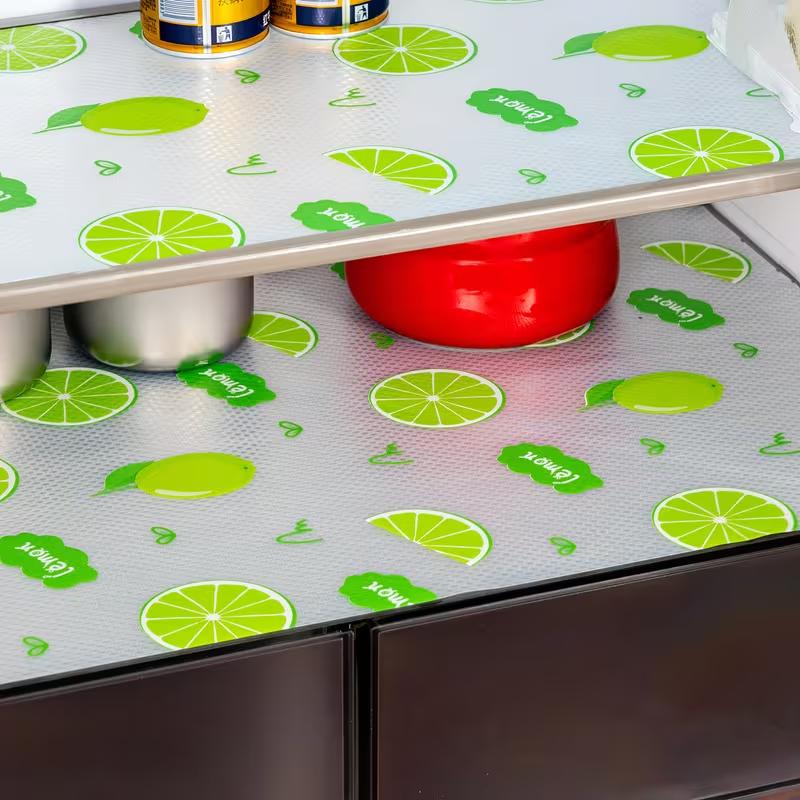 4pcs Waterproof Refrigerator Liner Set Moisture Proof Non Slip Washable Reusable EVA Mat Lemon Pattern Drawer Cabinet Shelf Liner for Kitchen Use