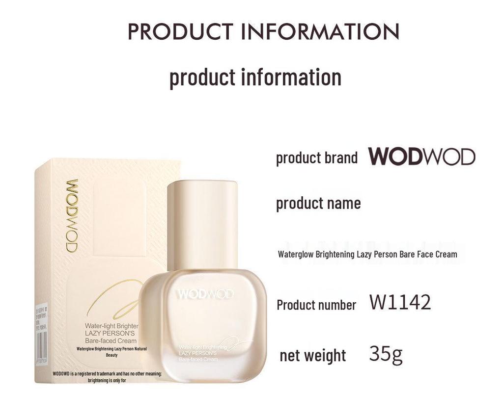 WODWOD Water Light Brightening Bare Skin Cream - Natural, No White Cast, Light Application, No Makeup Removal Needed