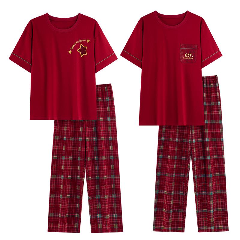 7A Antibakteriöse Baumwoll-Paar-Pyjamas - Rot, Bequem, Kurzarm, Lange Hose für Sommerhochzeiten
