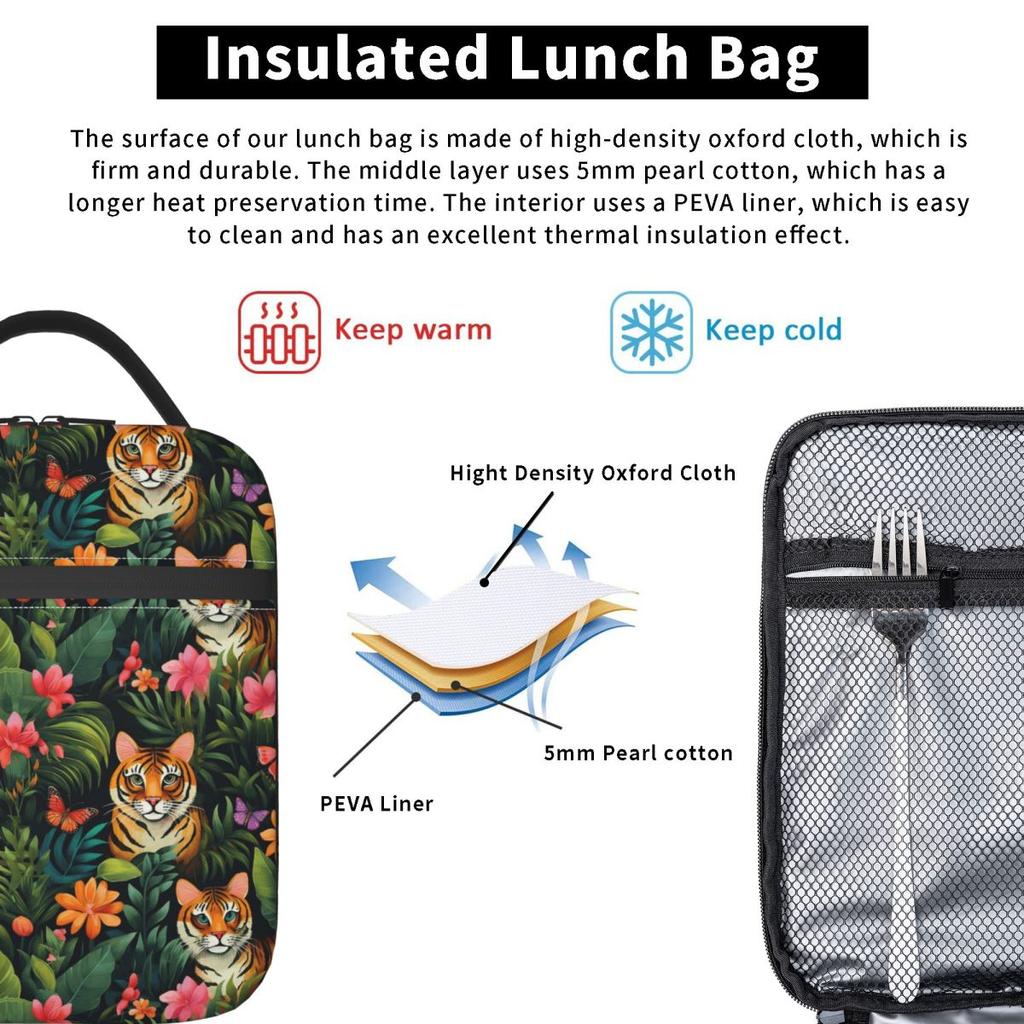 Dschungeltiger und tropische Blumen isolierte Lunchtasche für Kinder Schulkühler Thermische Lebensmittelbox Tragbare Lunchboxen Behälter