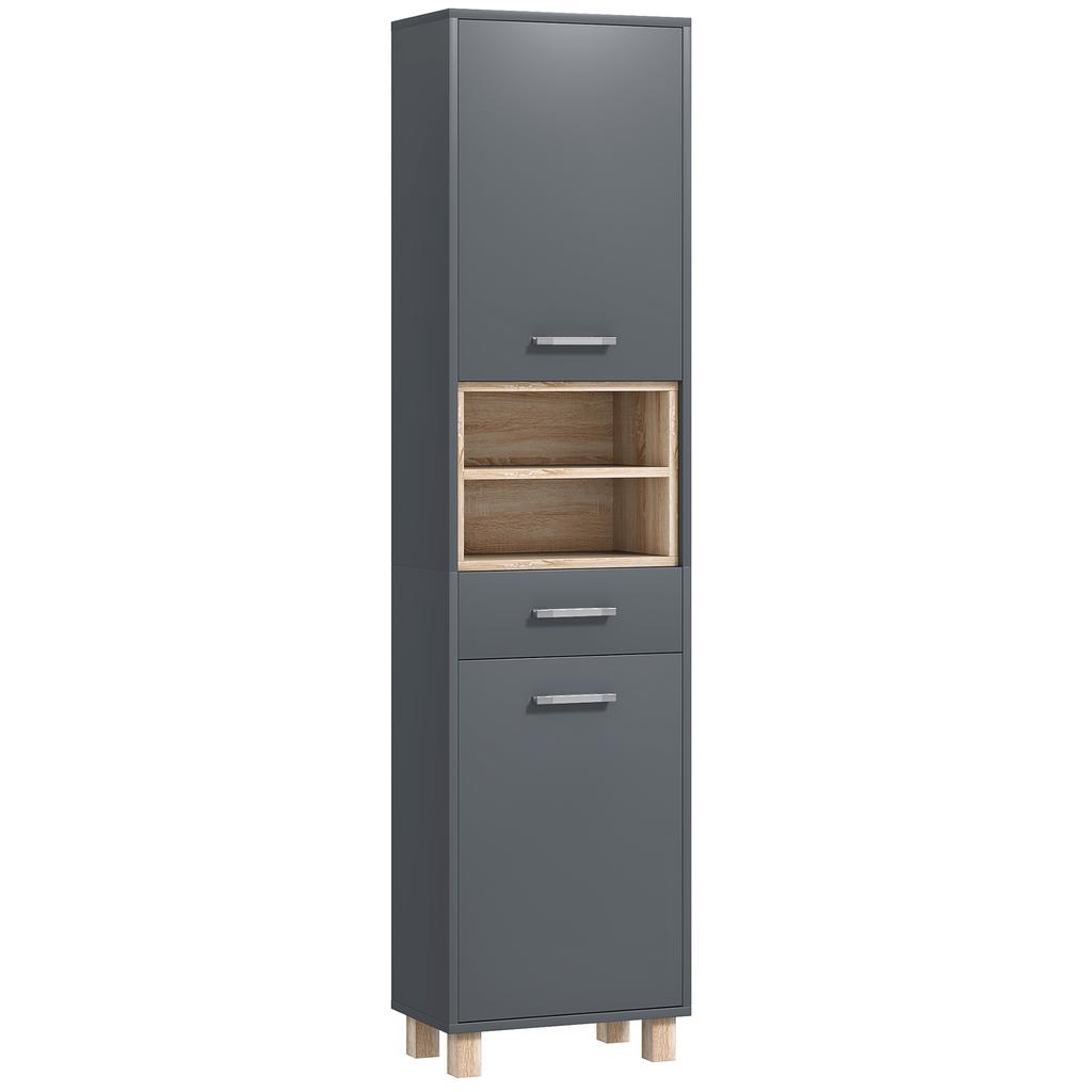 Bathroom Storage Cabinet with 2 Cupboards, Drawer, Open Compartments, Grey