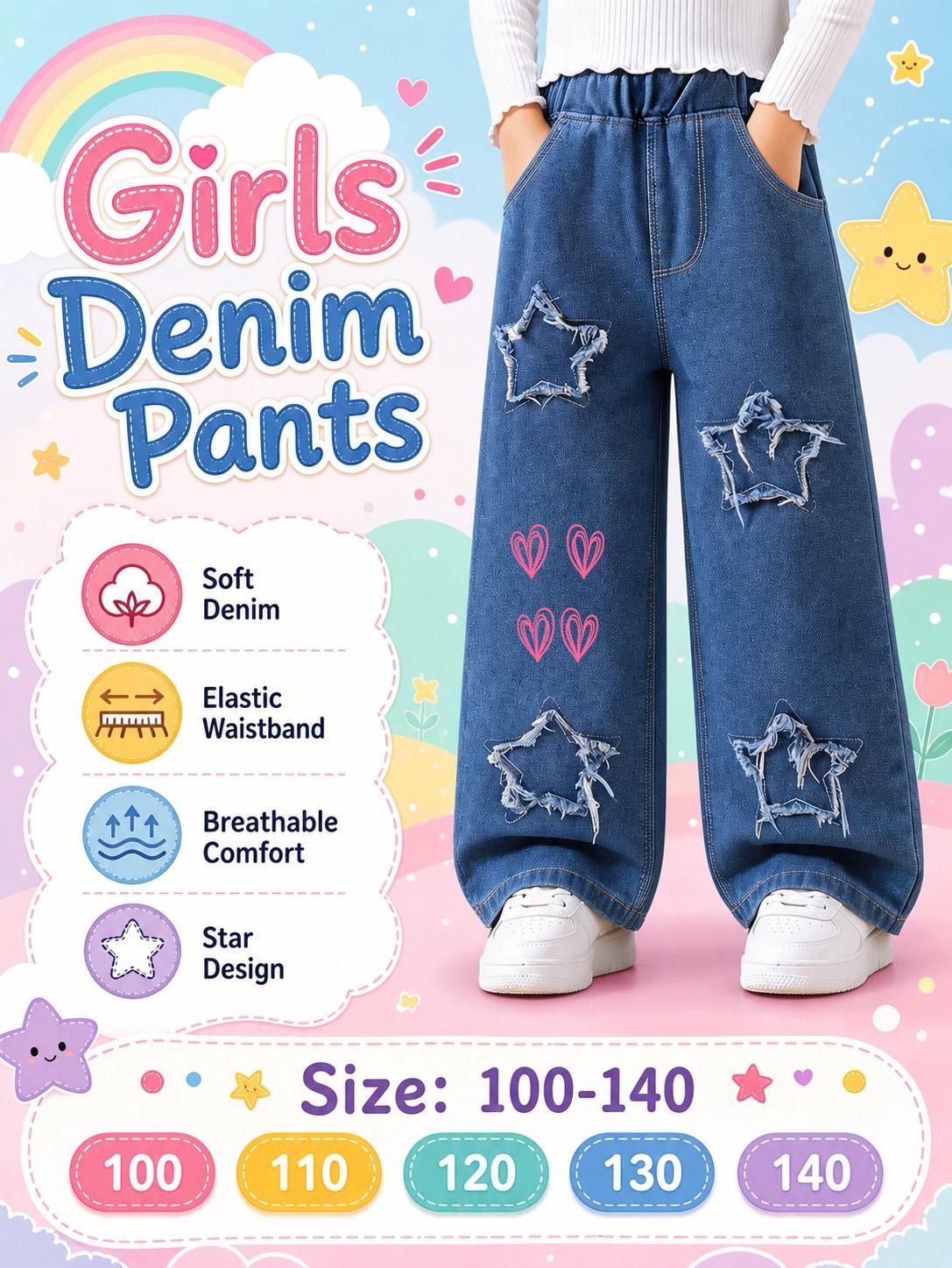 Girls Star  Jeans Heart Print Wide Leg Elastic Waist Daily Casual Denim Pants 100cm синий