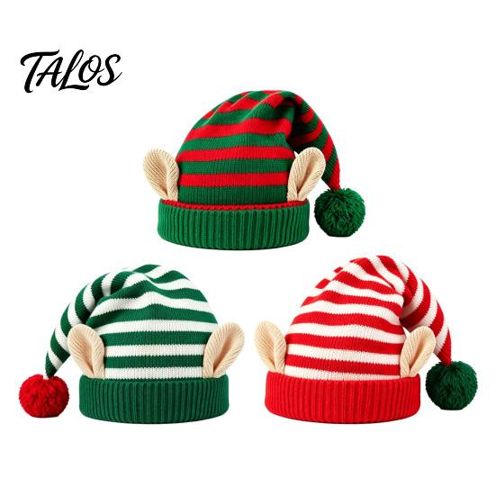 Striped Christmas Hat Elf with Ears And Pom Pom, Knitted Holiday Costume Props for Adults Santa Hat, Soft Warm Kids, Party Comfortable Knit Cap Winter