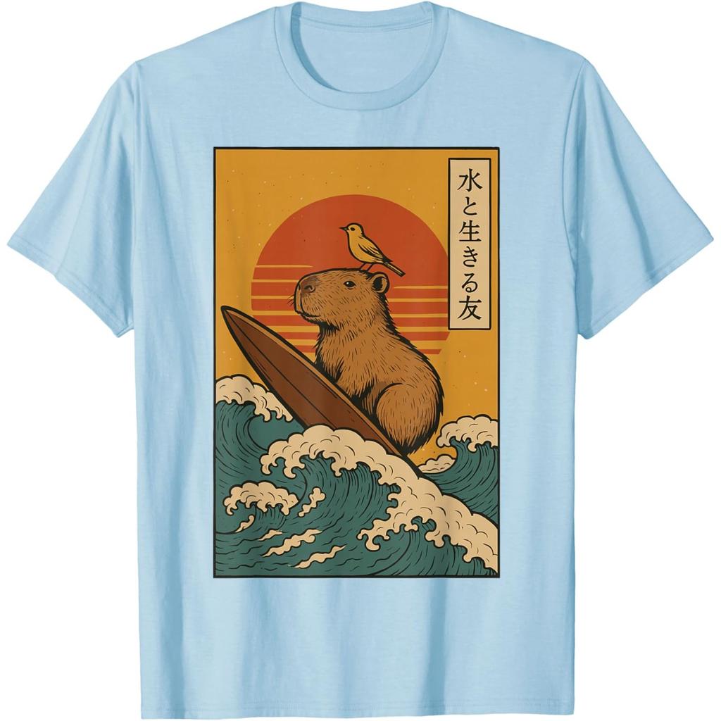 Capybara Surfing Japanese Ukiyo Style Graphic Cotton T-Shirt Casual Unisex's Tee