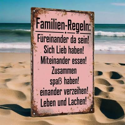 Deutsches Vintage Metallschild "Familienregeln" Rustikale Heimdekoration