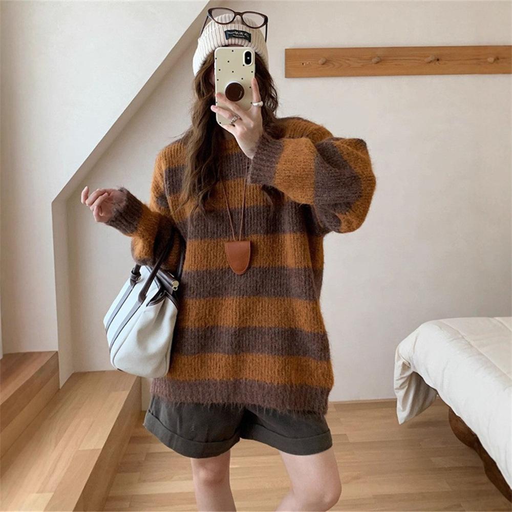 Contrasting color striped pullover sweater women's autumn and winter new loose lazy style casual soft waxy knitted sweater top women
