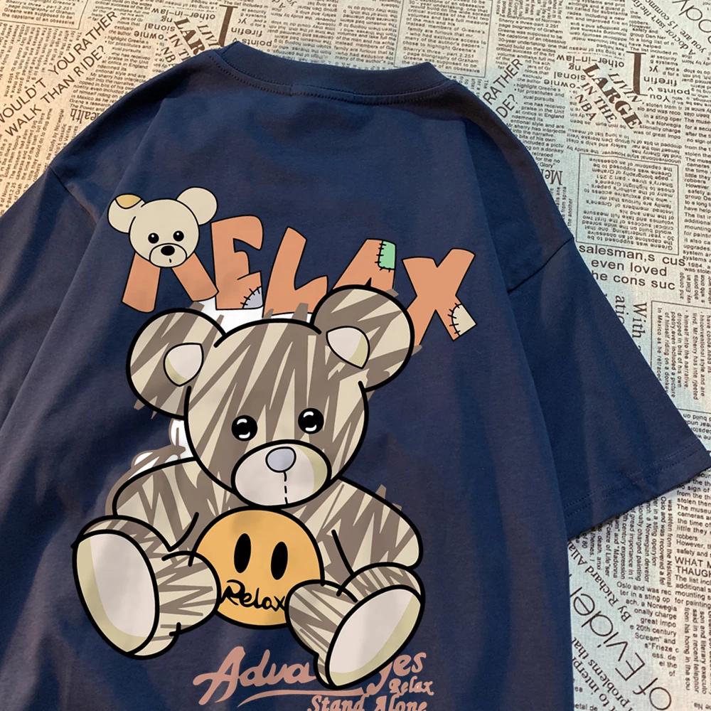 Relax Oneself Teddy Bear Men Women T-Shirt Street Cotton T Shirt Crewneck Breathable Tops Loose Summer T Shirt Crewneck Fashion