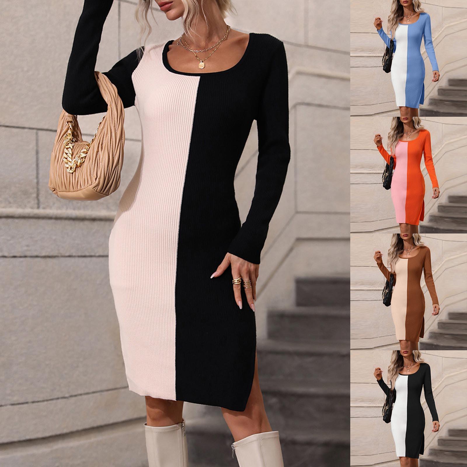 

Женский осенне-зимний свитер средней длины с пуловером в радужную полоску и вязаным платьем с круглым вырезом и длинными рукавами