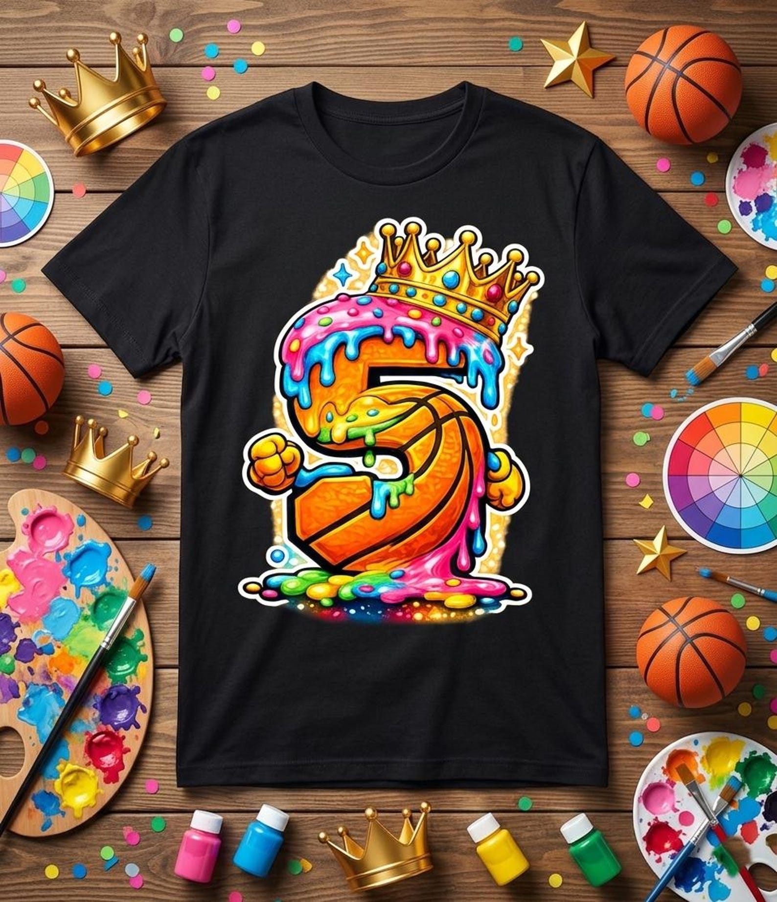 Basketball 5 Year Old Ice Cream Drip Youth 5th Birthday Boy Shirt L