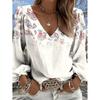 Fashionable Retro Motif Printed Lantern Sleeve, V-neck Women's Long-sleeved Shirt, Suitable for All Seasons