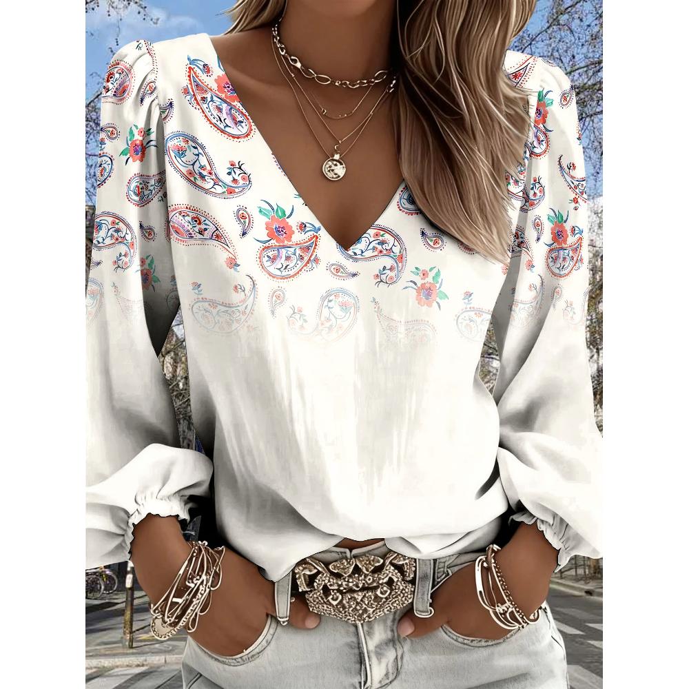 Fashionable Retro Motif Printed Lantern Sleeve, V-neck Women's Long-sleeved Shirt, Suitable for All Seasons