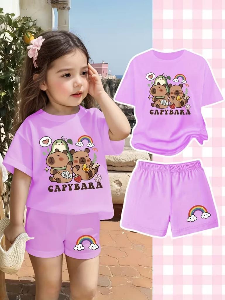 Cartoon Capybara Funny Print Boy Girls Short Sleeved T-Shirt Casual Shorts Children's Set Summer Casual Suit 2 Piece Tracksuits