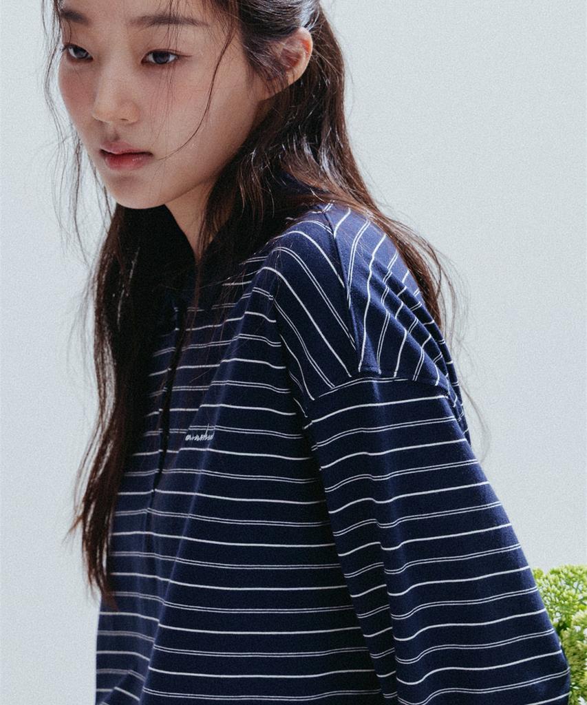 ANNEHEARTS Pin Stripe Collar Polo Tee_Navy