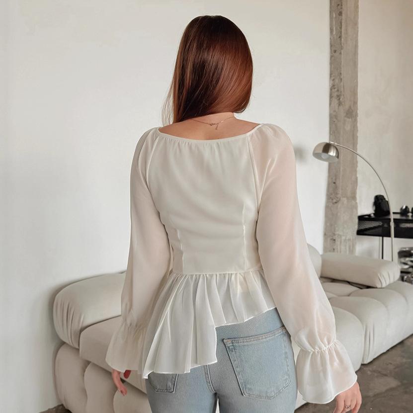 1116 European and American women's clothing new products Royal sister style elegant long-sleeved ruffle edge chiffon shirt autumn irregular top