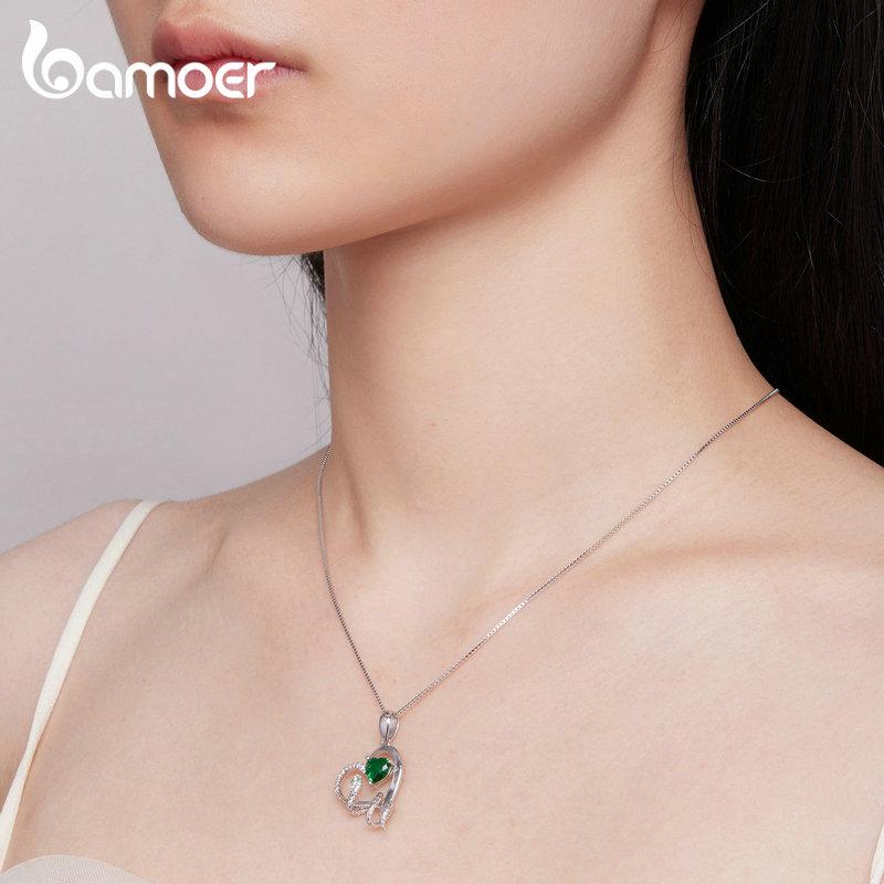 BAMOER 925 Sterling Silver Delicate Green Zircon Heart Pendant Necklace Snake Intertwine Love Neck Chain for Women Fine Jewelry